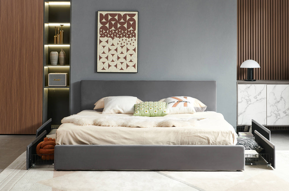 Velvet Upholstered Platform Bed with Storage Drawers and Sturdy Wood Frame