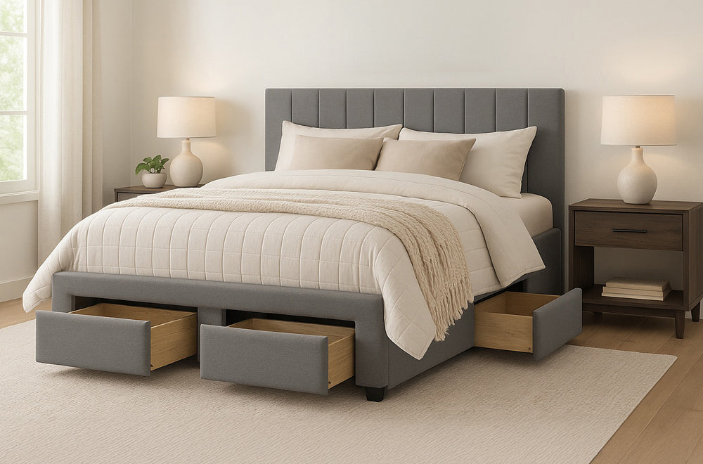 Elegant Grey Linen Platform Bed with Storage Drawers - Full, Queen, King Sizes