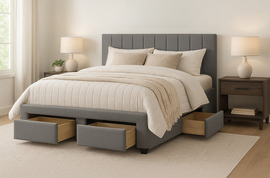 Elegant Grey Linen Platform Bed with Storage Drawers - Full, Queen, King Sizes