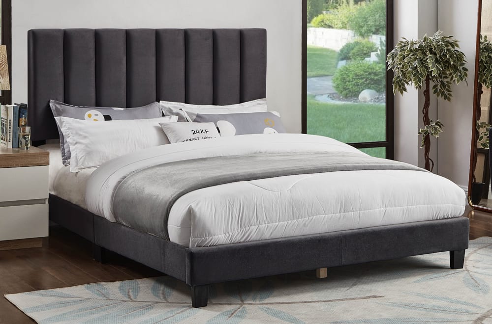 Velvet upholstered bed frame with adjustable headboard and vertical channel tufting
