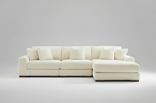 Full view of the Albany Ivory Corduroy Sectional Sofa, showcasing the ribbed texture and the fixed Right-Hand Facing (RHF) chaise.