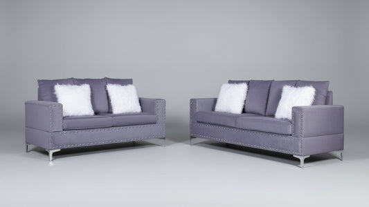 Full view of the Andy Grey Velvet Tufted 3-Piece Set, showcasing the sofa, loveseat, and chair with elegant tufting visible on the backrests.