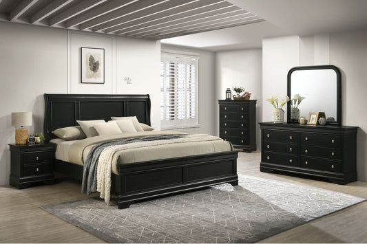 Full view of the Antique Black Storage Bedroom Set, showcasing the bed, dresser, mirror, chest, and two nightstands.