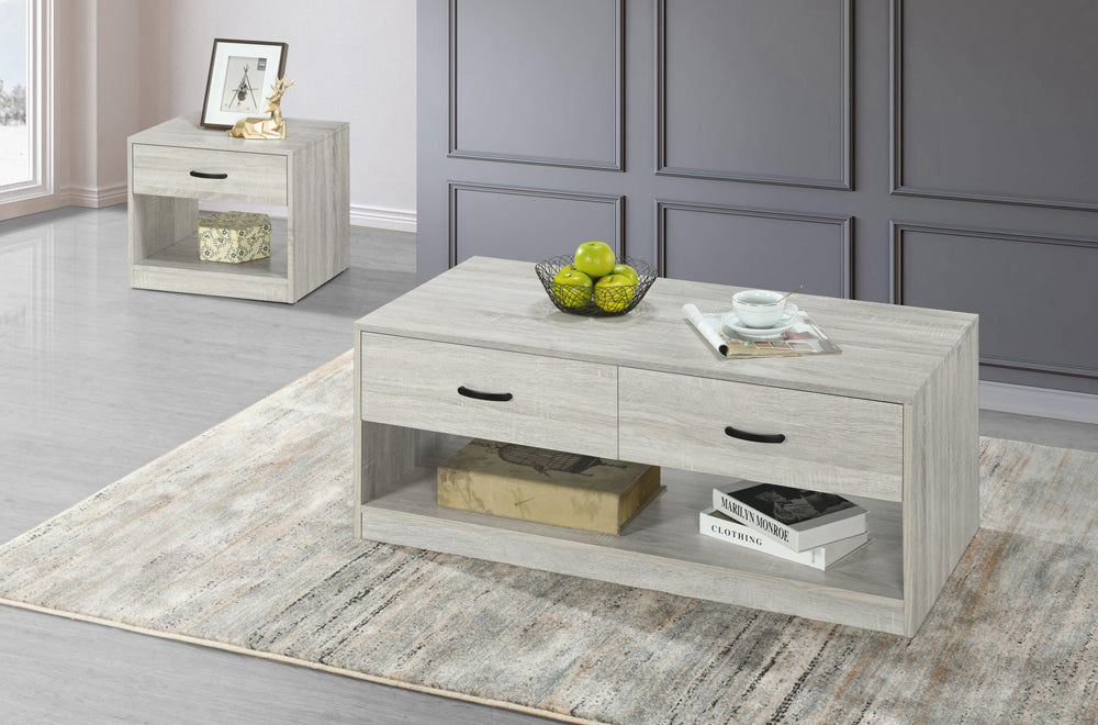 Full view of the Beachwood White Coffee and End Table Set, showing the matching coffee table and end tables, all featuring drawers for concealed storage.