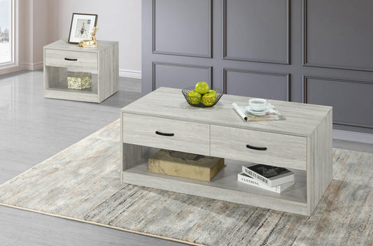 Full view of the Beachwood White Coffee and End Table Set, showing the matching coffee table and end tables, all featuring drawers for concealed storage.