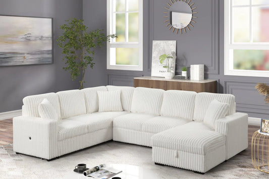 Full view of the Becky Corduroy Sectional Sleeper, showcasing the storage chaise and highlighting the triple function (sleeper, storage, USB ports).