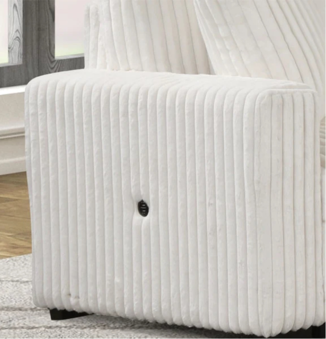 Detailed close-up view of the Becky sectional's plush Corduroy fabric upholstery, highlighting the ribbed texture and cozy feel.