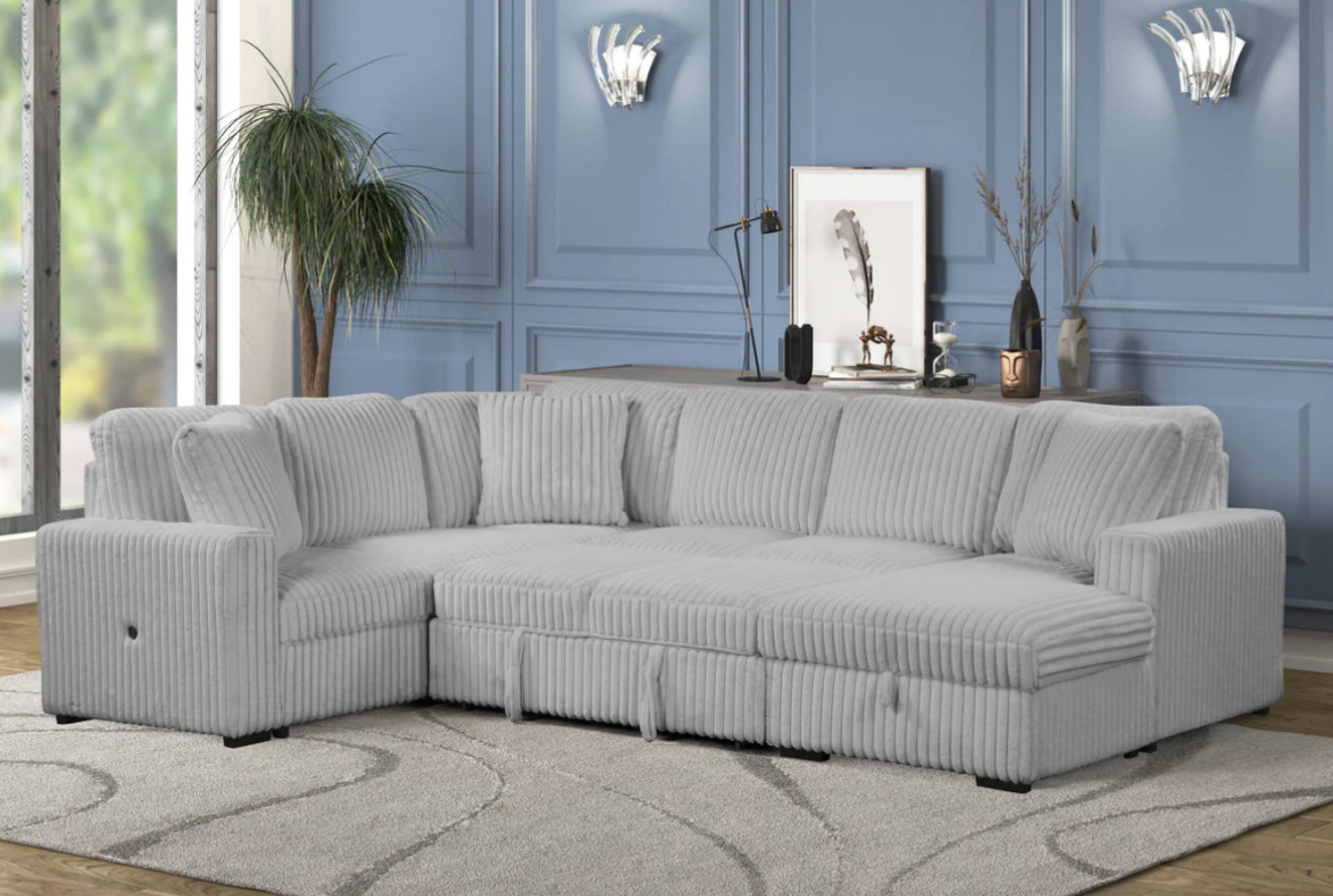 Becky Corduroy Sectional Sleeper with Storage Chaise and USB Ports