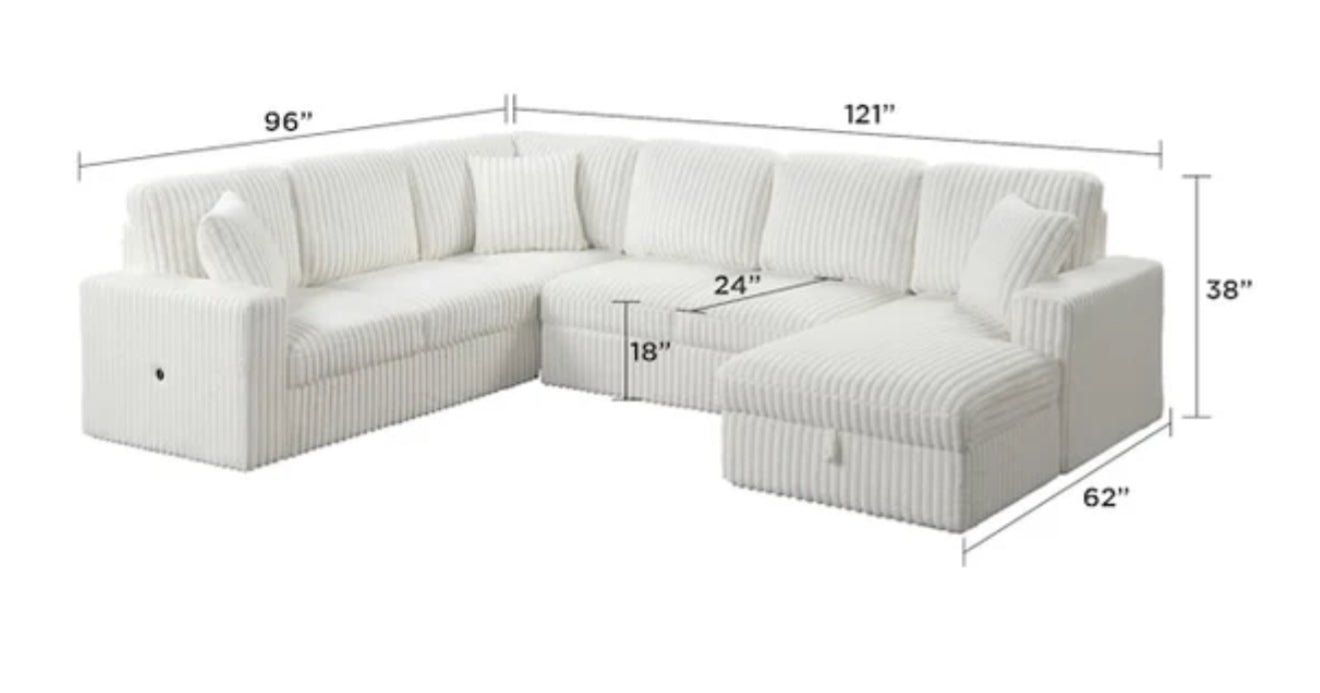 The storage chaise compartment of the Becky Sectional fully opened, emphasizing the deep, ample space for blankets and living room essentials.