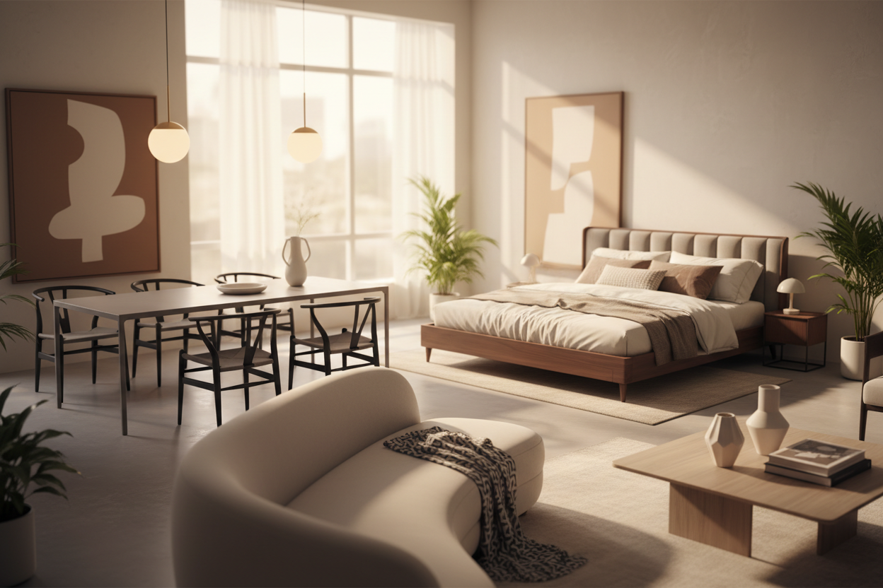 Modern living room with a bed, sofa, and dining table.