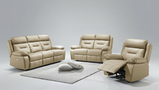 Full view of the Beige Genuine Leather Match Power Recliner 3-Piece Set, showcasing the sofa, loveseat, and chair in a bright, coordinated setting.