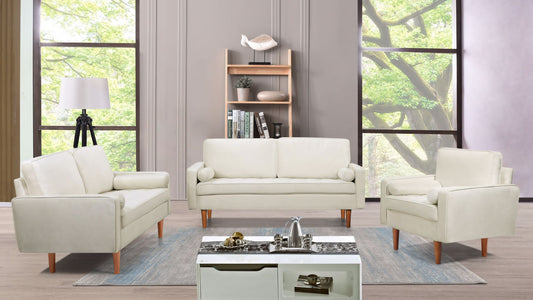 Full view of the Beige Plush Velvet 3-Piece Set, showcasing the sofa, loveseat, and chair arranged together, highlighting the soft pillow-back cushions.