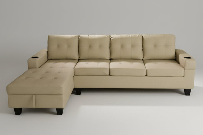 Full view of the Beige PU Leather Sectional Sofa, showcasing the neutral upholstery and the fixed Left-Hand Facing (LHF) chaise configuration with storage.