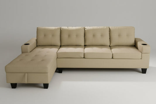 Full view of the Beige PU Leather Sectional Sofa, showcasing the neutral upholstery and the fixed Left-Hand Facing (LHF) chaise configuration with storage.