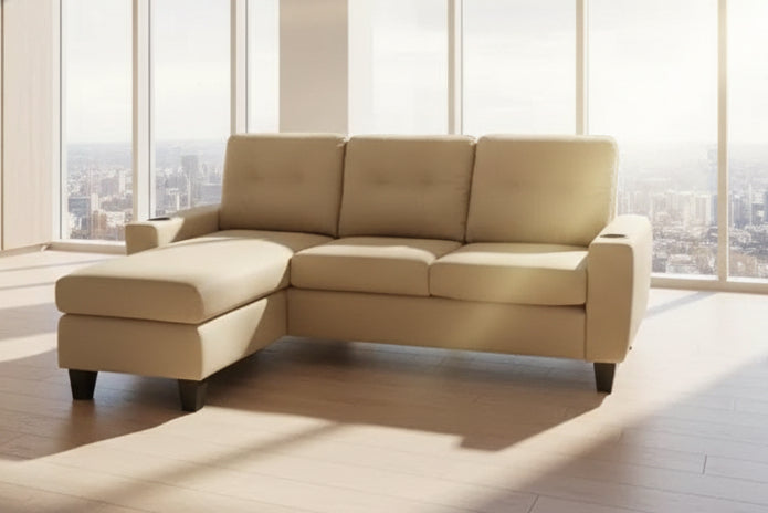 Full view of the Beige PU Leather Sectional Sofa, showcasing the light, neutral color and the L-shape configuration with center backrest cupholders.