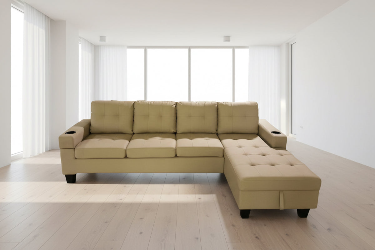 Full view of the Beige PU Leather Sectional Sofa, showcasing the neutral upholstery, fixed Right-Hand Chaise (RHF), and center console with cup holders.