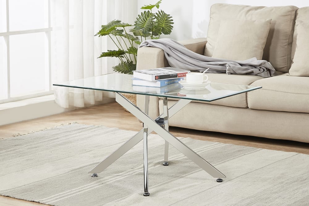 Full view of the 3-Piece Beveled Glass Coffee and End Table Set, showcasing the clear glass tops and the distinct cross-hatch leg design on all three pieces.
