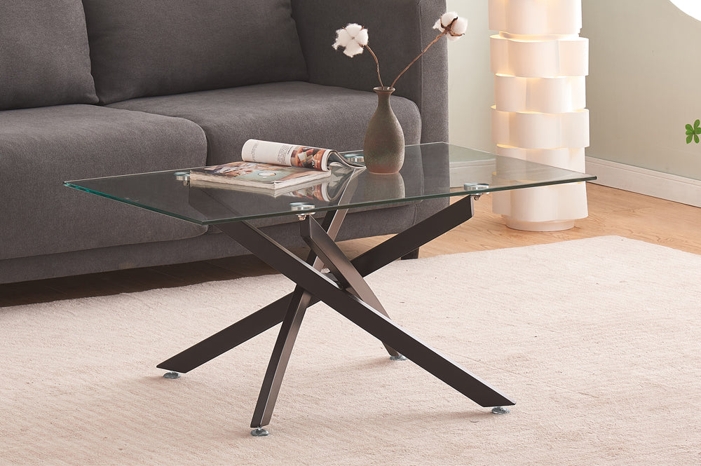 Full view of the 3-Piece Beveled Glass Coffee and End Table Set, showcasing the clear glass tops with beveled edges and the distinct cross-hatch base design on all three pieces.