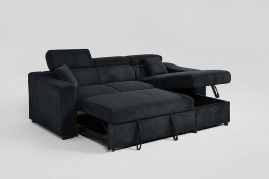 Full view of the Black Corduroy Reversible Sectional Sofa, showcasing the ribbed fabric texture, reversible chaise, and the pull-out sleeper extended.