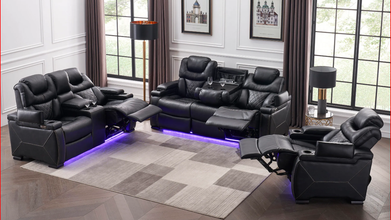 Full view of the Black Leather Power Recliner 3-Piece Set, showcasing the sofa, loveseat, and chair with visible console, cupholders, and integrated speakers.