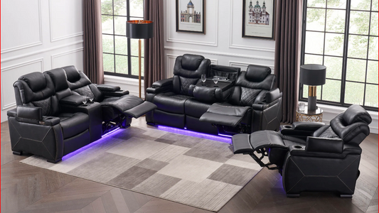 Full view of the Black Leather Power Recliner 3-Piece Set, showcasing the sofa, loveseat, and chair with visible console, cupholders, and integrated speakers.