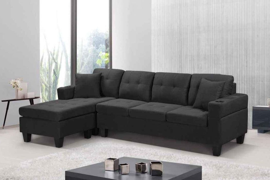 Black Reversible Linen Fabric 4-Seater Sectional Sofa with Chaise