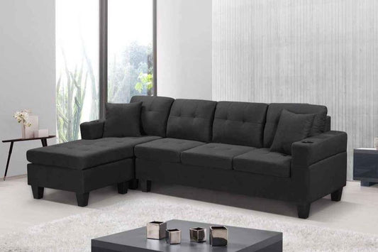 Black Reversible Linen Fabric 4-Seater Sectional Sofa with Chaise
