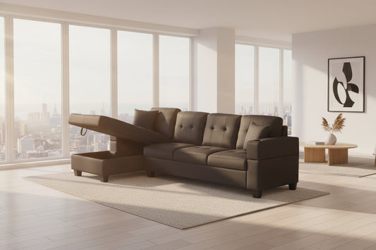 Black Linen Fabric Left-Hand Chaise Sectional Sofa with Storage