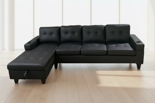 Full view of the Black PU Leather Sectional Sofa, showcasing the sleek upholstery and the fixed Left-Hand Facing (LHF) chaise configuration.