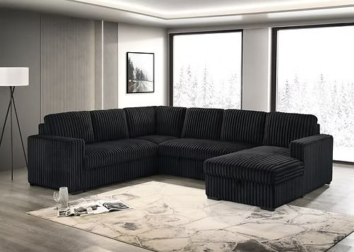 Modern black pull-out sectional sofa in corduroy fabric with storage, available in Toronto and GTA.