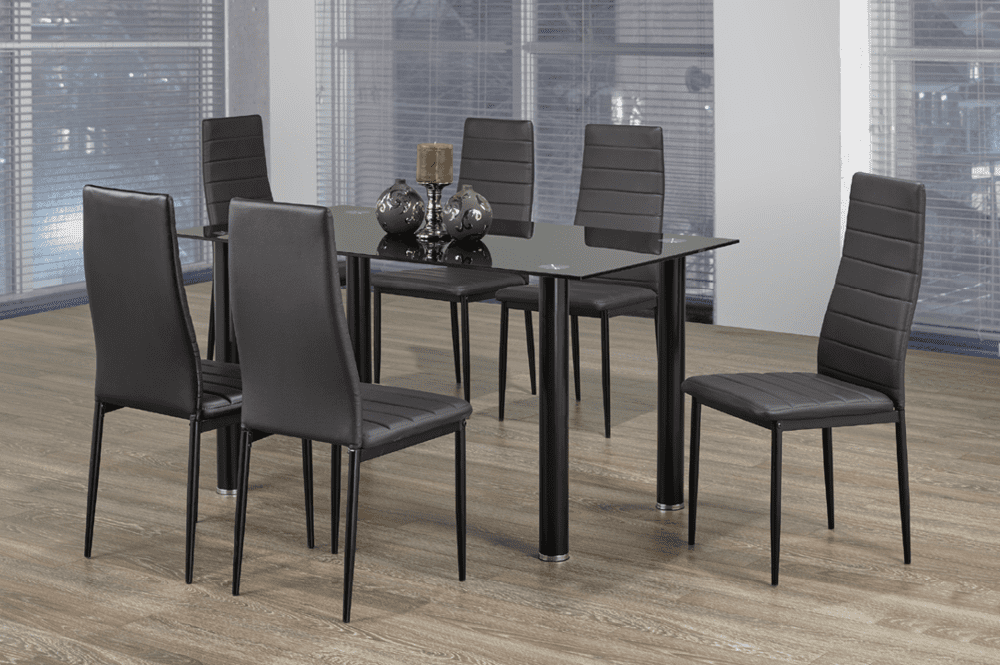 Full view of the Black Tempered Glass Dining Table set, showcasing the reflective glass top and six upholstered Leatherette dining chairs.