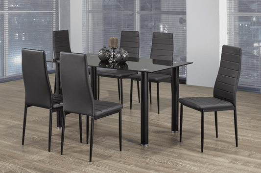 Full view of the Black Tempered Glass Dining Table set, showcasing the reflective glass top and six upholstered Leatherette dining chairs.
