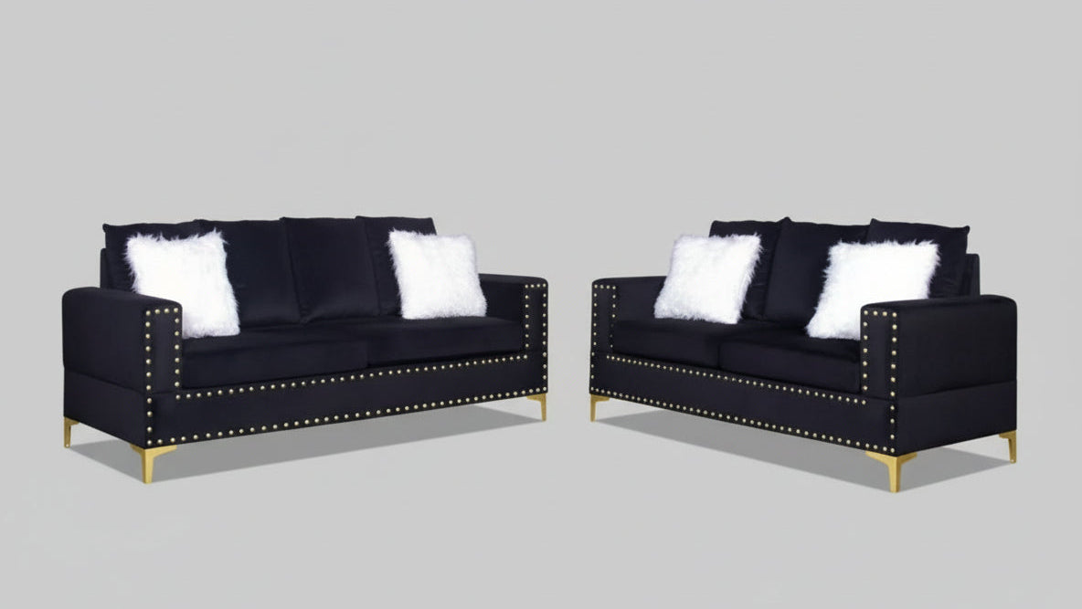 Full view of the Black Tufted Velvet 3-Piece Set, showcasing the sofa, loveseat, and chair with visible modern tufting.