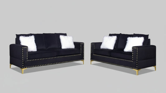 Full view of the Black Tufted Velvet 3-Piece Set, showcasing the sofa, loveseat, and chair with visible modern tufting.