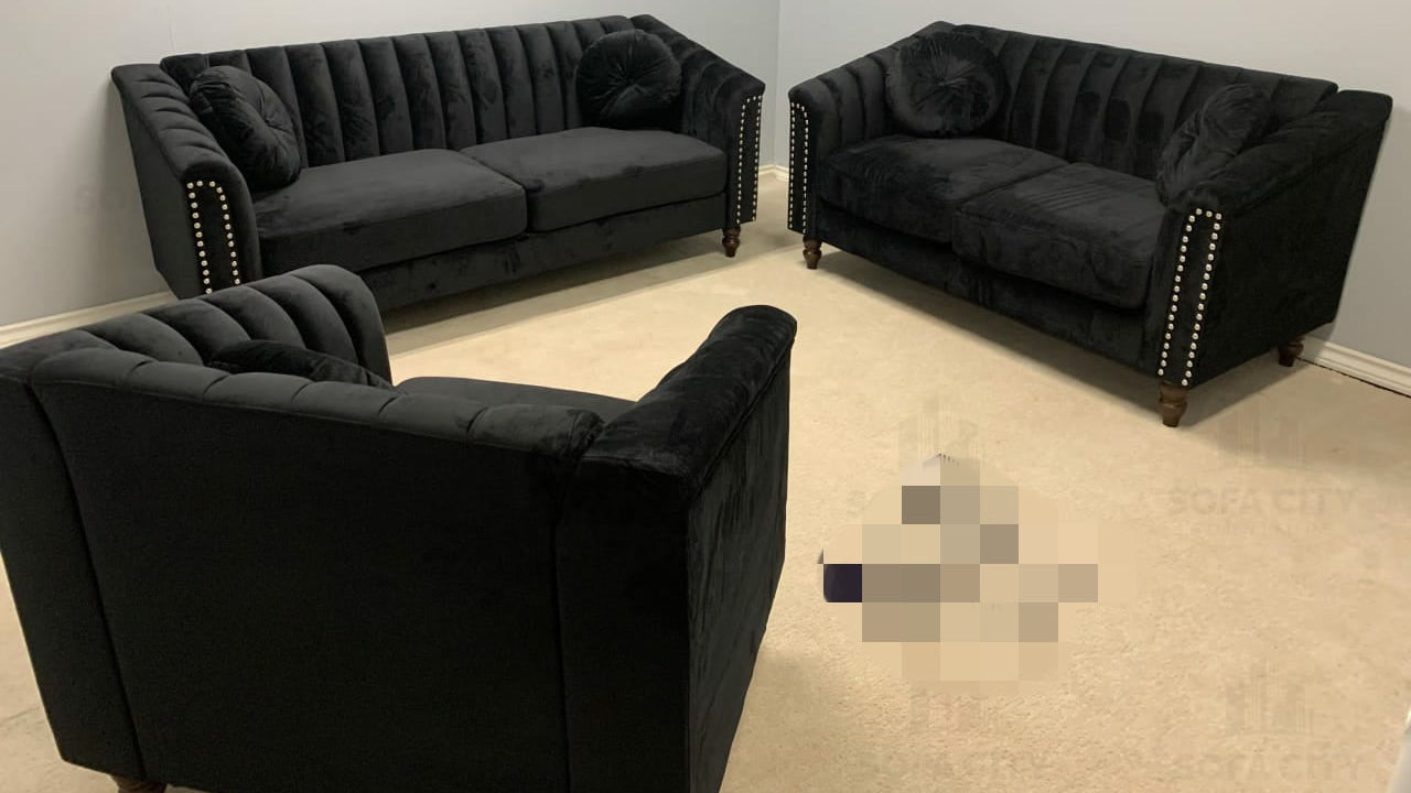 Full view of the Black Velvet 3-Piece Set, showcasing the sofa, loveseat, and matching accent chair in a coordinated arrangement.