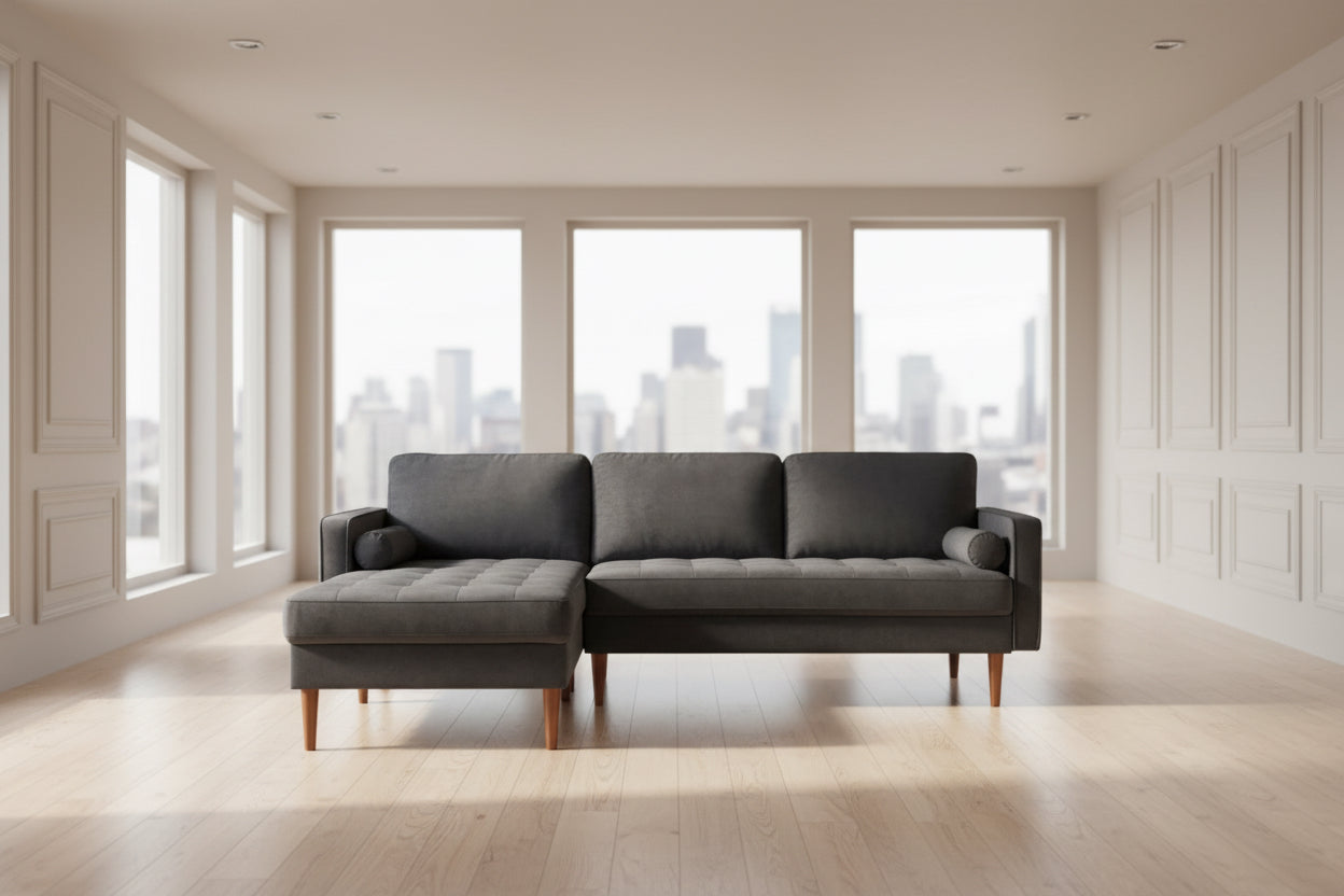 Full view of the Black Velvet Reversible Sectional Sofa, showcasing the rich texture, plush soft cushions, and the chaise set to the left (LHF).