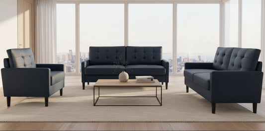 Full view of the complete Blue PU Leather 3+2+1 Sofa Set, showcasing the matching three-seater, loveseat, and single chair in a living room.