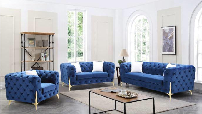 Full view of the Blue Velvet Button-Tufted 3-Piece Set, showcasing the sofa, loveseat, and chair with the rich blue color and tufting visible.