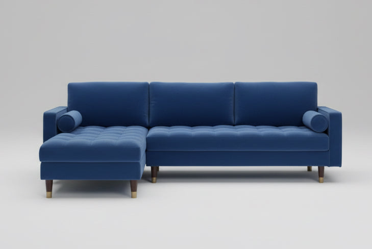Full view of the Modern Blue Velvet Sectional Sofa, showcasing the rich, plush fabric and the fixed Left-Hand Facing (LHF) chaise configuration.