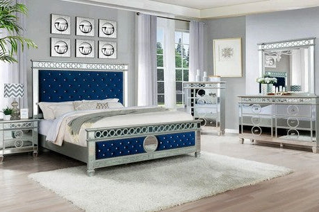 Full view of the luxurious Blue Velvet Tufted 5-Piece Mirrored Bedroom Set, showcasing the upholstered headboard and matching case goods.