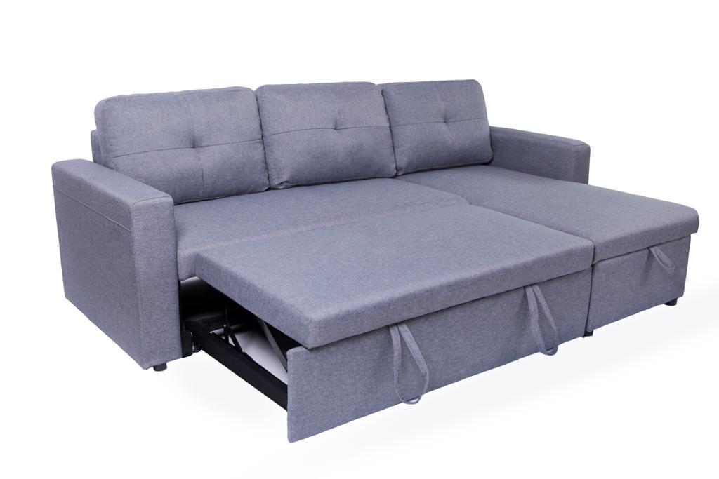 Angled view of the BO Grey Sectional Sofa in its standard seating configuration, highlighting the comfortable grey fabric and modern design.