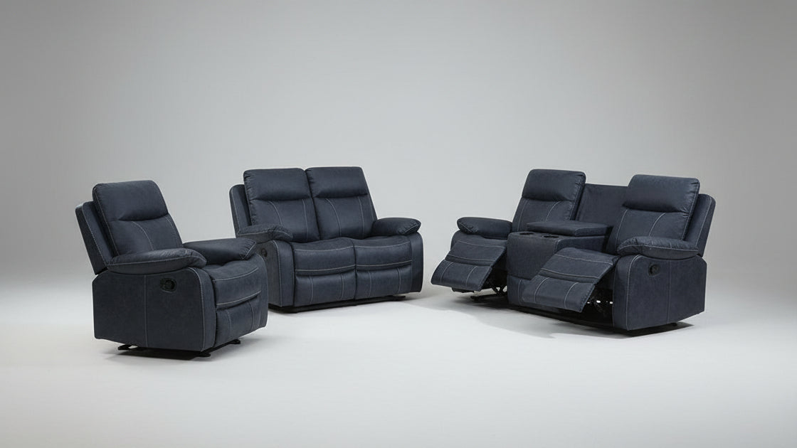 Full view of the Bristol Blue Fabric Manual Recliner 3-Piece Set, showing the sofa, loveseat, and chair with one piece in the reclined position.