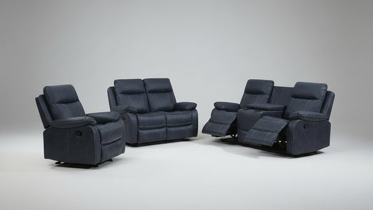 Full view of the Bristol Blue Fabric Manual Recliner 3-Piece Set, showing the sofa, loveseat, and chair with one piece in the reclined position.