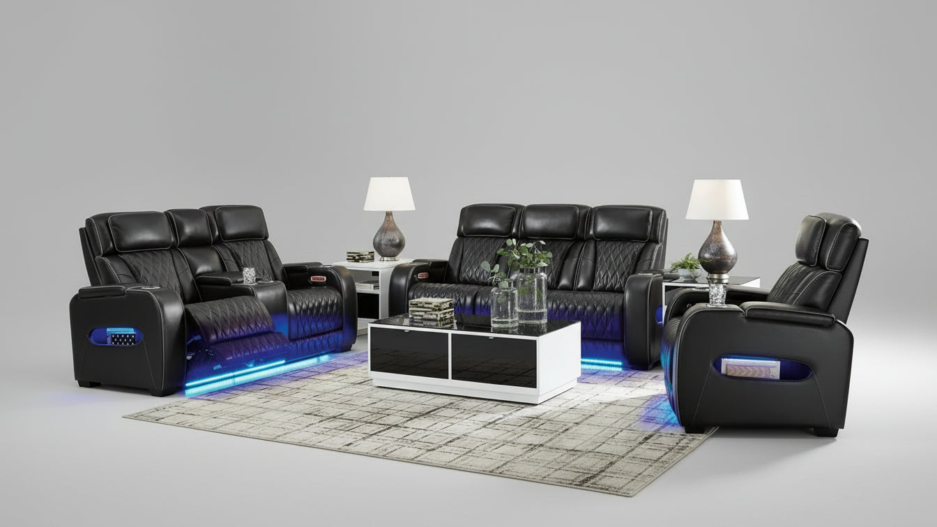 Full view of the Brown Split Leather Power Recliner 3-Piece Set, showcasing the sofa, chair, and the loveseat with the central storage console visible.