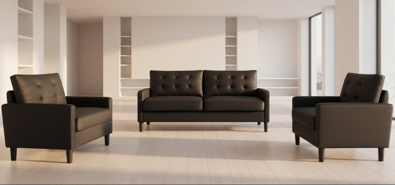 Full room view of the classic Black PU Leather 3-Piece Set, highlighting the sophisticated arrangement of the sofa, loveseat, and chair.