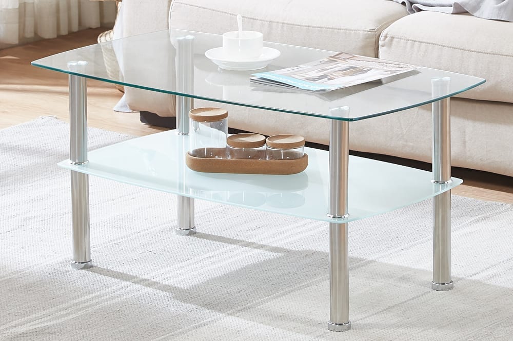 Full view of the 2-Piece Clear Glass Coffee Table Set, showing the large coffee table and matching end table with frosted lower shelves and polished chrome legs.