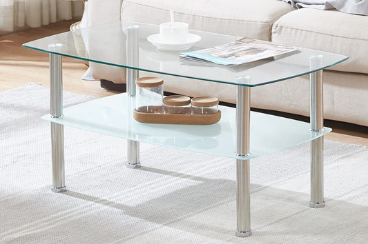 Full view of the 2-Piece Clear Glass Coffee Table Set, showing the large coffee table and matching end table with frosted lower shelves and polished chrome legs.