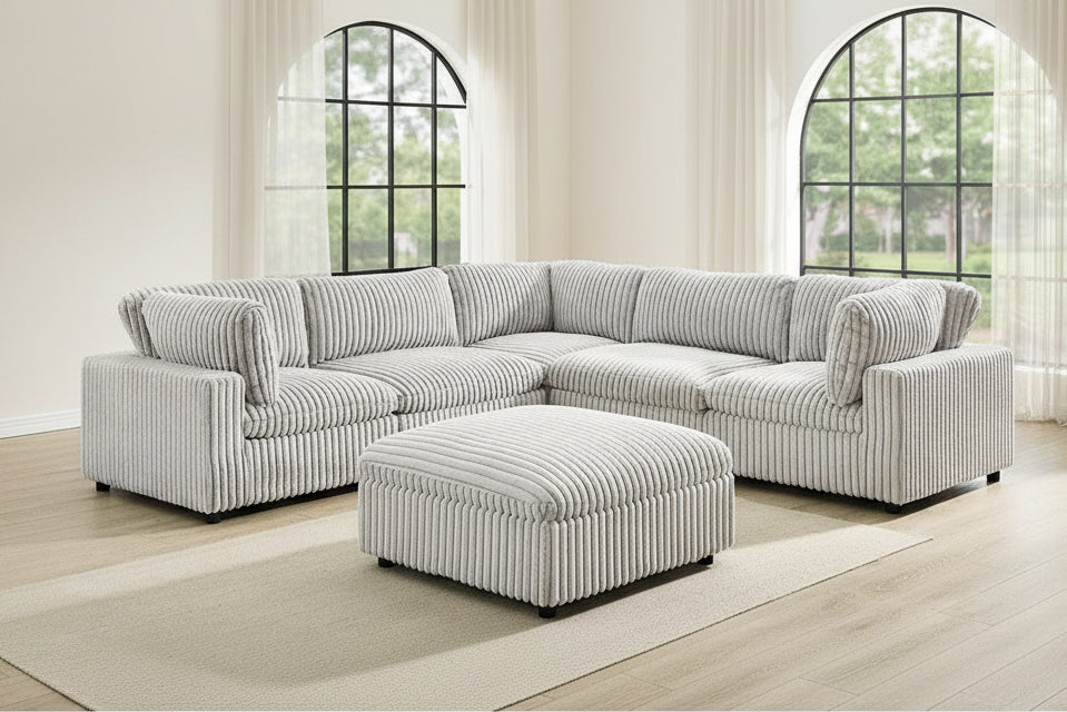 Full view of the Colton Grey Corduroy Modular Sectional Sofa, showcasing the configurable seating units and the ribbed texture of the fabric.
