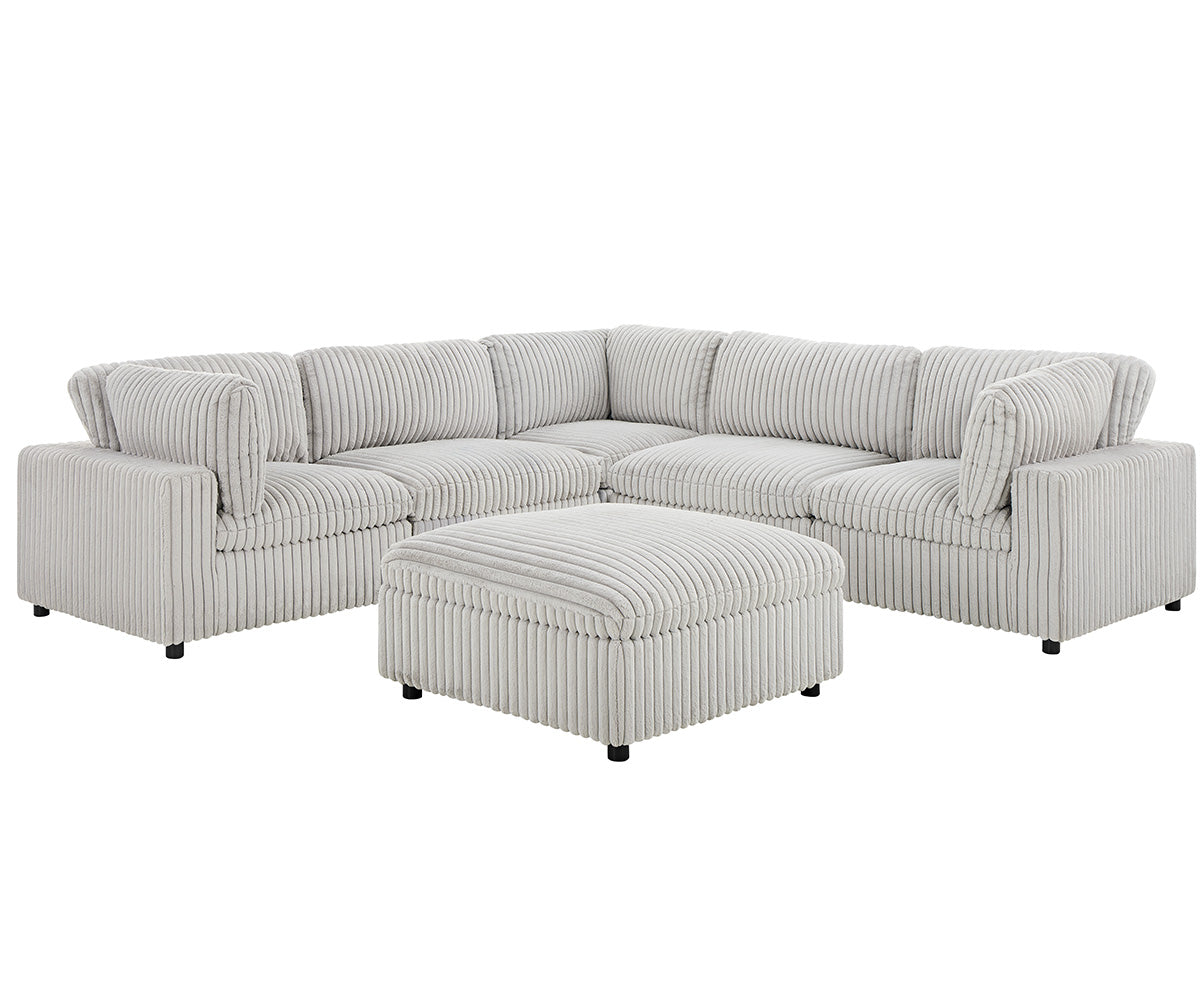 View demonstrating the versatile, configurable seating arrangements possible with the individual modular pieces of the Colton Grey sectional.