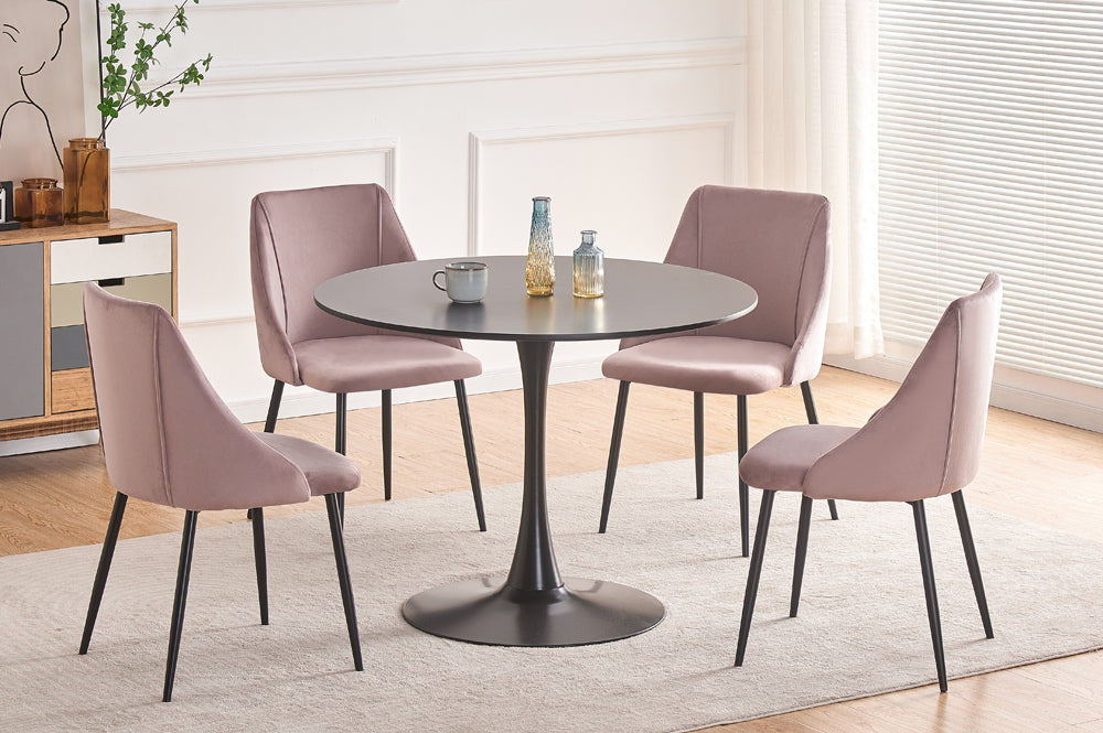 Full view of the 5-Piece Compact 40-inch Round Dining Set, showcasing the efficient scale of the table and the four upholstered velvet chairs arranged around it.
